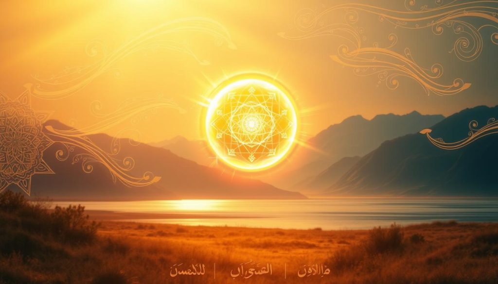A serene, ethereal landscape bathed in warm, golden light. In the foreground, a glowing, translucent orb of energy hovers, radiating a sense of divine power and healing. Intricate patterns and calligraphic elements, reminiscent of Islamic art, flow and intertwine around the orb, creating a visually captivating and spiritually resonant scene. In the middle ground, a tranquil body of water reflects the celestial light, while in the distance, majestic mountains stand tall, evoking a sense of solemnity and grandeur. This "Islamic Wall Art" image perfectly captures the incredible benefits of reciting Al-Mueed, conveying the physical healing and restoration promised through its profound power.