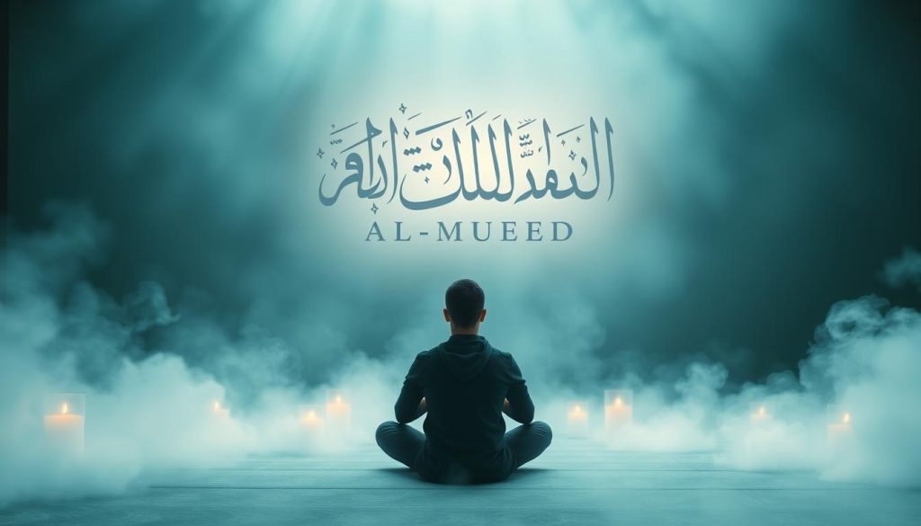 A serene, meditative scene of a person sitting cross-legged, eyes closed, and hands in a state of prayer, surrounded by a soft, hazy glow. The environment is tranquil, with calming shades of blue and green, and the flickering light of candles casting a warm, inviting atmosphere. In the background, a beautifully calligraphed Arabic text, "AL-MUEED," floats ethereally, radiating a sense of spiritual connection and inner peace. The overall composition evokes a profound sense of mental well-being and emotional balance, capturing the essence of the Islamic Wall Art.