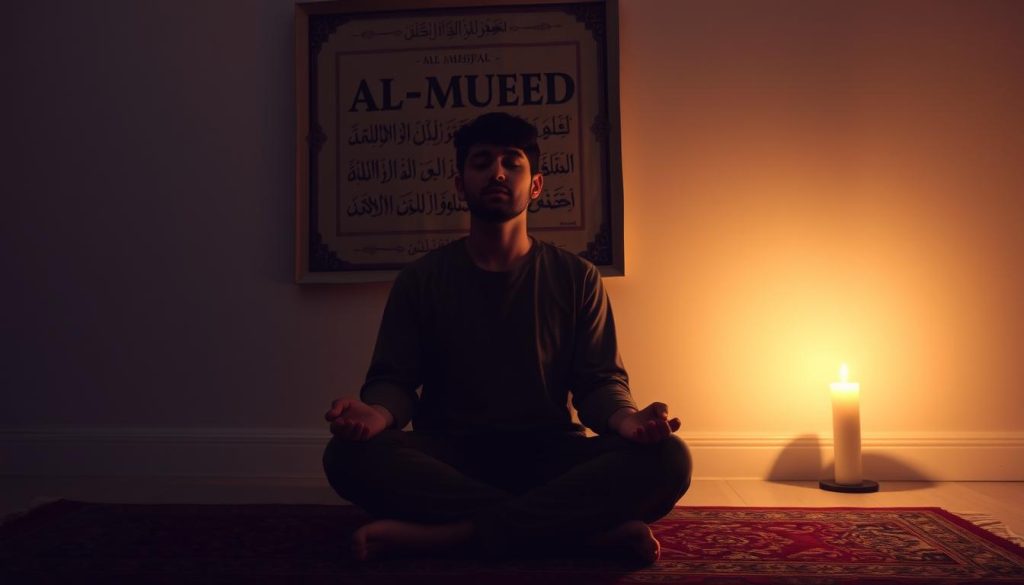 A serene, meditative scene of a person sitting cross-legged on a prayer rug, reciting the AL-MUEED wazifa. Soft, warm lighting from a candle illuminates their face, casting gentle shadows. In the background, an Islamic Wall Art calligraphy piece with the AL-MUEED invocation hangs on the wall, adding to the reverent atmosphere. The model's expression is one of deep focus and concentration, as they quietly chant the sacred verses. The overall mood is one of tranquility, spirituality, and devotion.