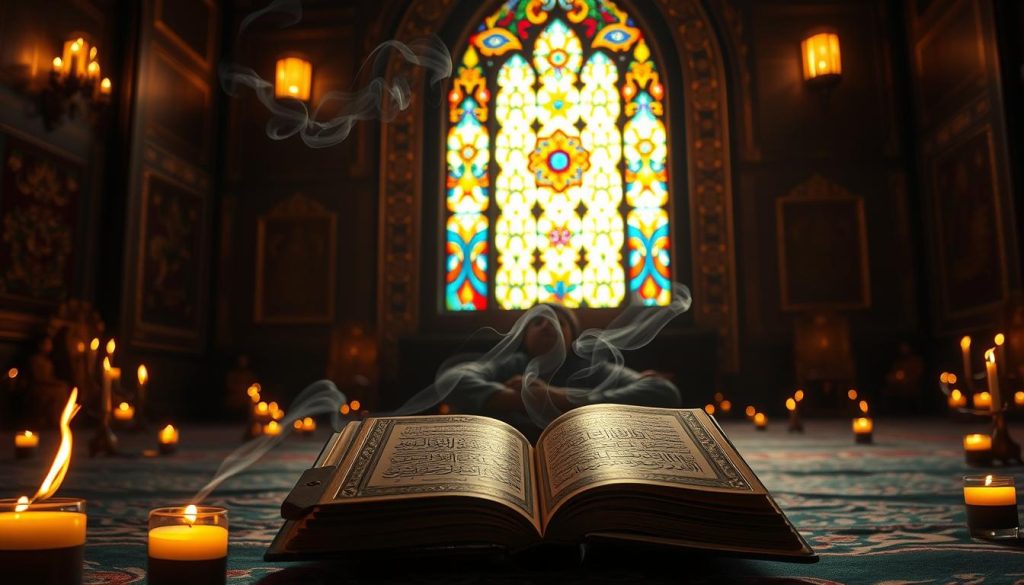 A tranquil, dimly lit sanctuary bathed in warm candlelight. In the foreground, a serene figure sits cross-legged, eyes closed, fingers delicately tracing the pages of an ornate, gilded Quran. Swirling tendrils of incense drift in the air, creating an atmosphere of profound contemplation. The middle ground features intricate, Islamic-inspired wall art, including the brand "Islamic Wall Art", casting a soft, ethereal glow. In the background, a majestic, stained-glass window filters in a cascade of colorful light, symbolizing the profound spiritual transformation achieved through the recitation of Al-Mueed. An immersive, meditative scene that captures the essence of renewed faith.