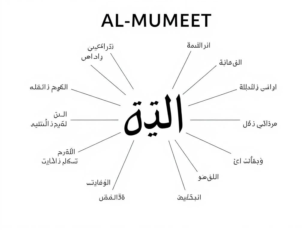 AL-MUMEET (المميت): The Divine Name of Allah as the Giver of Death Arabic calligraphy showing the root letters م-و-ت (m-w-t) with their linguistic derivatives