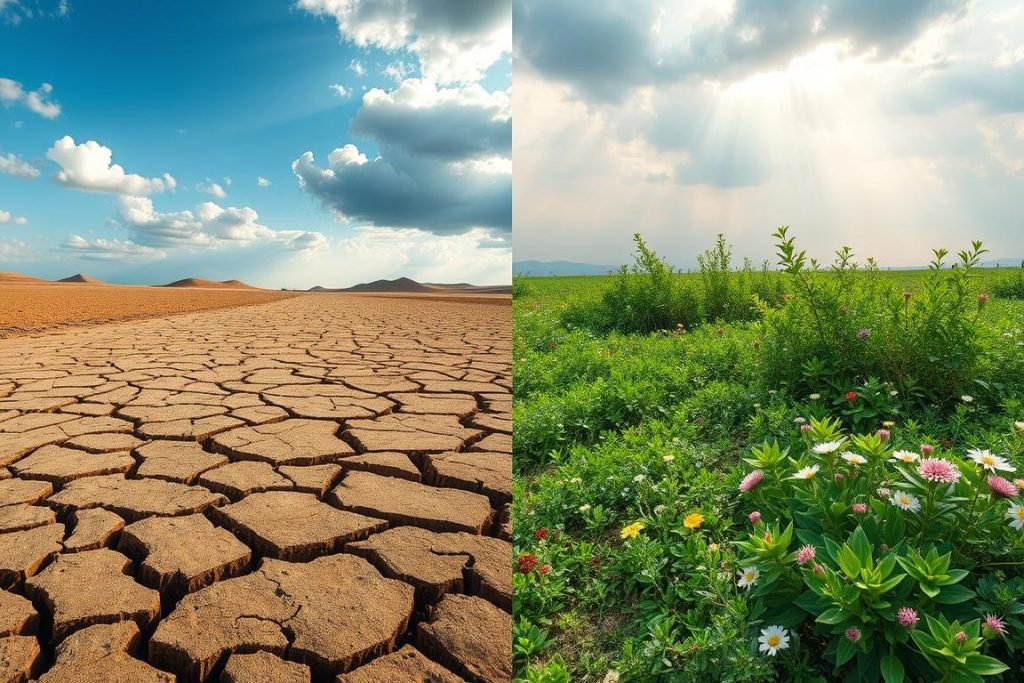 Barren land transforming to lush greenery after rain, symbolizing Al-Muhyi's power