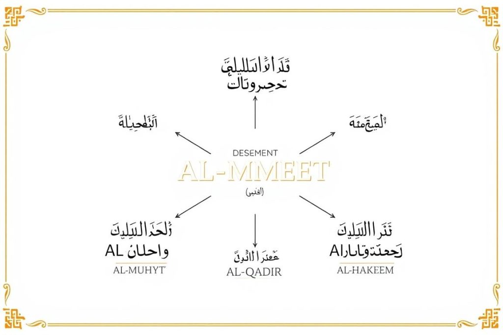 AL-MUMEET (المميت): The Divine Name of Allah as the Giver of Death Conceptual illustration showing the relationship between AL-MUMEET and other divine names of Allah