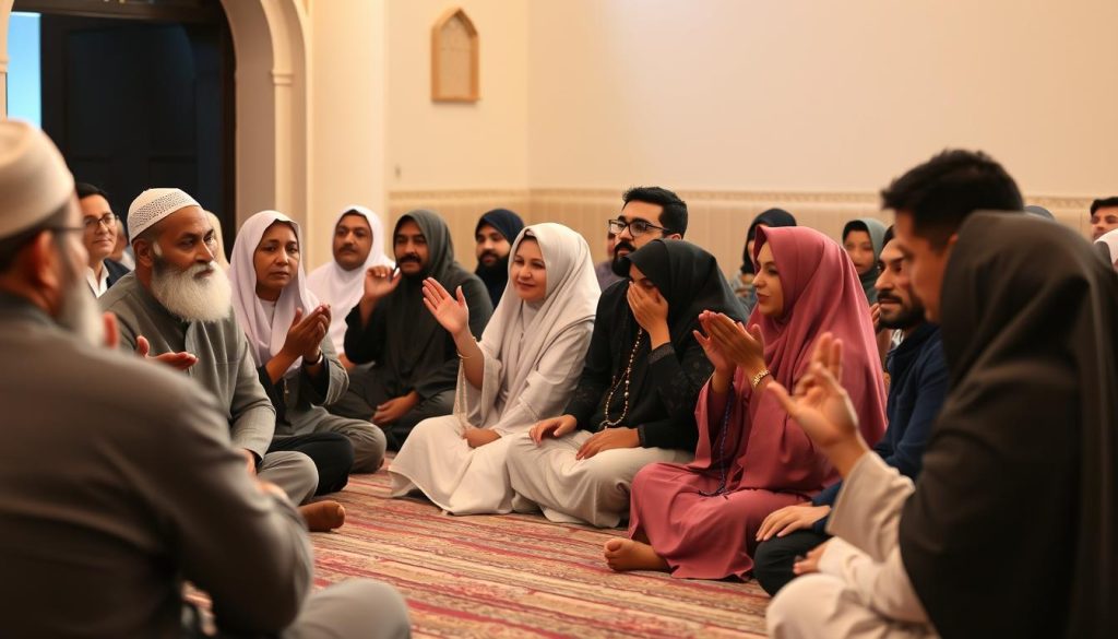 Group of Muslims in community dhikr circle reciting Allah's names together