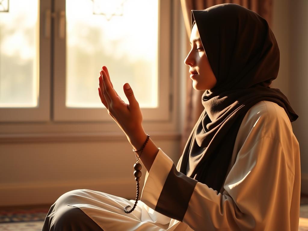Muslim person in peaceful meditation reciting Ya Muhyi in spiritual practice
