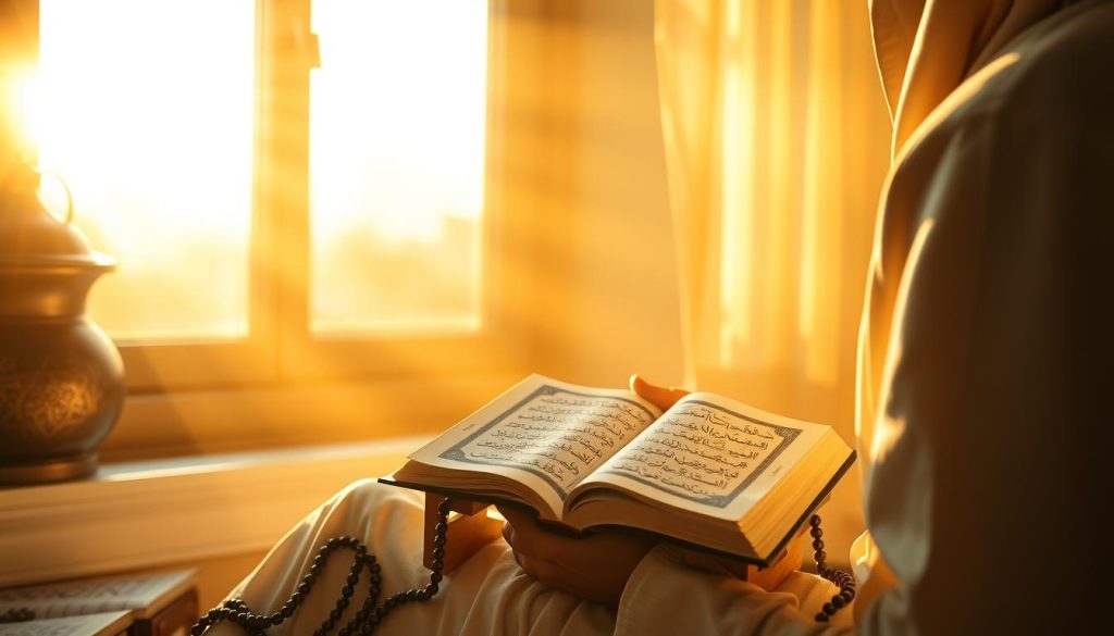 Person reading Quran at dawn with light symbolizing spiritual revival through Al-Muhyi