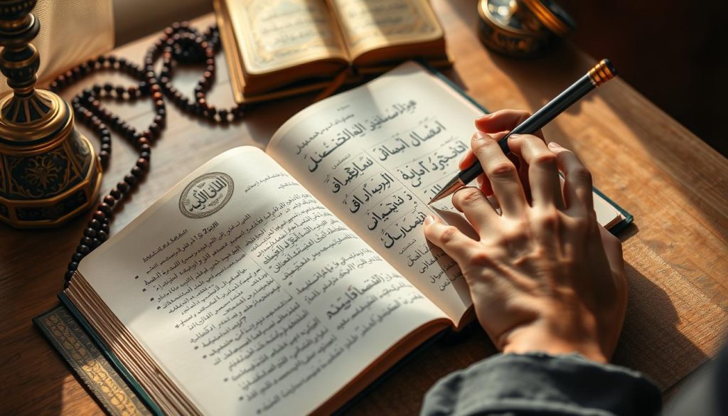 Person writing reflections in journal about Al-Muhyi's meaning in their life