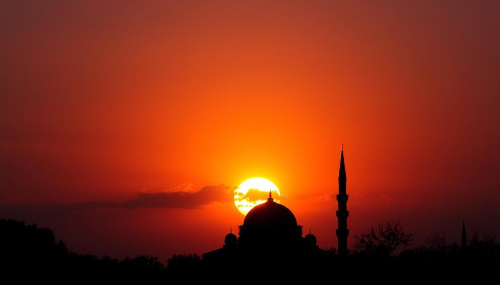Sunrise over mosque symbolizing spiritual renewal through understanding Al-Muhyi
