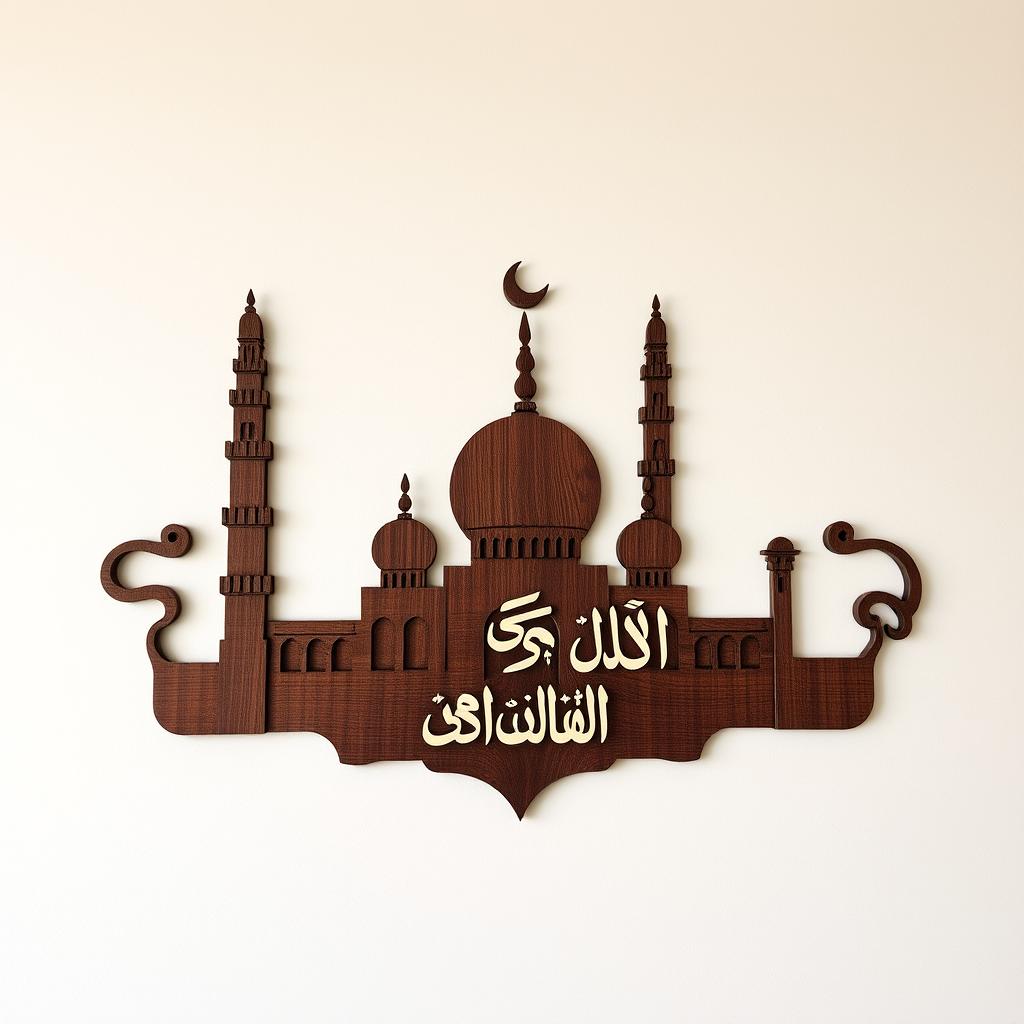 Islamic Wall Art: Where Faith Meets Artistic Expression Wooden Islamic wall art with intricate laser-cut design of a mosque silhouette