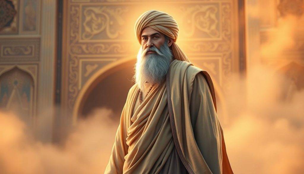 A divine figure of Prophet Yusuf, dressed in flowing robes and a turban, stands solemnly amidst a serene, ethereal landscape. His face exudes a palpable aura of wisdom and compassion, guiding the viewer towards the depths of his spiritual journey. The background features ornate Islamic architectural elements, bathed in warm, gentle lighting that evokes a sense of timelessness. The overall composition conveys a sense of reverence and spiritual enlightenment, reflecting the profound teachings of Al-Lateef within the story of Prophet Yusuf. Islamic Wall Arts