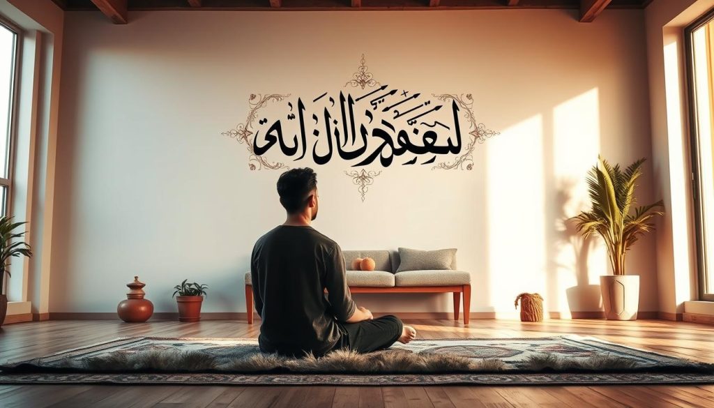 A peaceful, serene scene with a striking calligraphy artwork prominently displayed on a wall. The artwork features the name "Al-Lateef" in elegant Arabic script, surrounded by intricate geometric patterns and subtle splashes of color. In the foreground, a person sits cross-legged on a plush rug, deep in contemplation, their face illuminated by warm, soft lighting. The background showcases a minimalist, earthy-toned interior with natural elements like potted plants and wooden furniture, creating a calming, introspective atmosphere. The overall composition conveys a sense of personal guidance and spiritual enlightenment. Islamic Wall Arts
