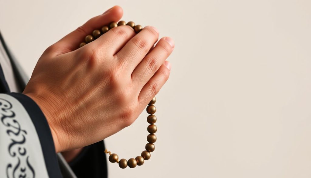 The Meaning of AL-JALEEL and Its Spiritual Benefits A person engaged in dhikr (remembrance) with prayer beads, focusing on AL-JALEEL
