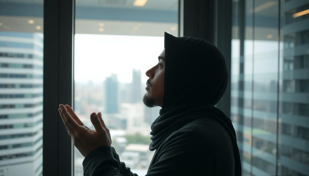The Meaning of AL-JALEEL and Its Spiritual Benefits A person in contemplative prayer in a modern setting, connecting with AL-JALEEL amid daily life