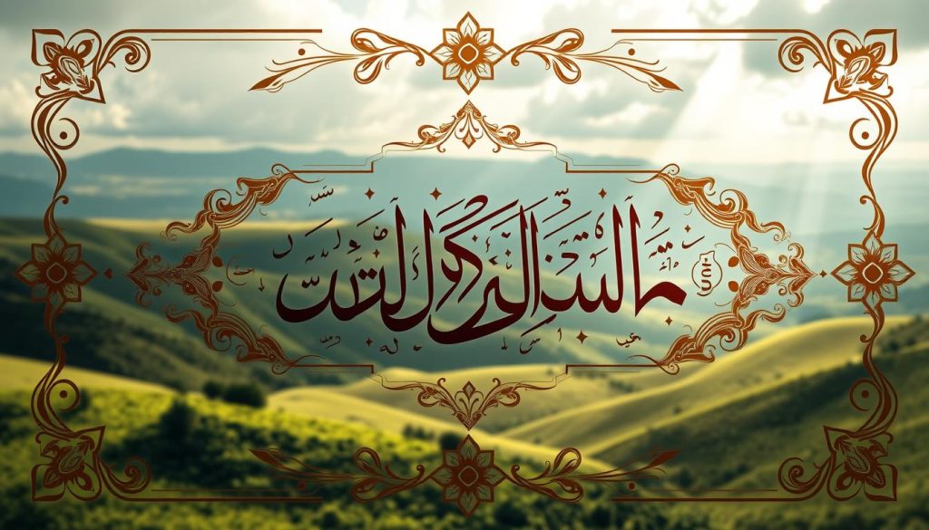 A serene Islamic calligraphy scene showcasing the name of God "Al-Muqeet" in elegant Arabic script, framed by intricate floral patterns and geometric designs. The work is rendered in muted, earthy tones, evoking a sense of timeless spirituality. In the background, a lush, verdant landscape with rolling hills and a distant horizon reflects the expansiveness of the divine. Light filters through clouds, casting a warm, contemplative glow over the entire composition. The overall aesthetic is harmonious and meditative, befitting the profound theological concepts of Al-Muqeet - "The Sustainer" - as expressed in Islamic tradition and classical teachings. Islamic Wall Arts.
