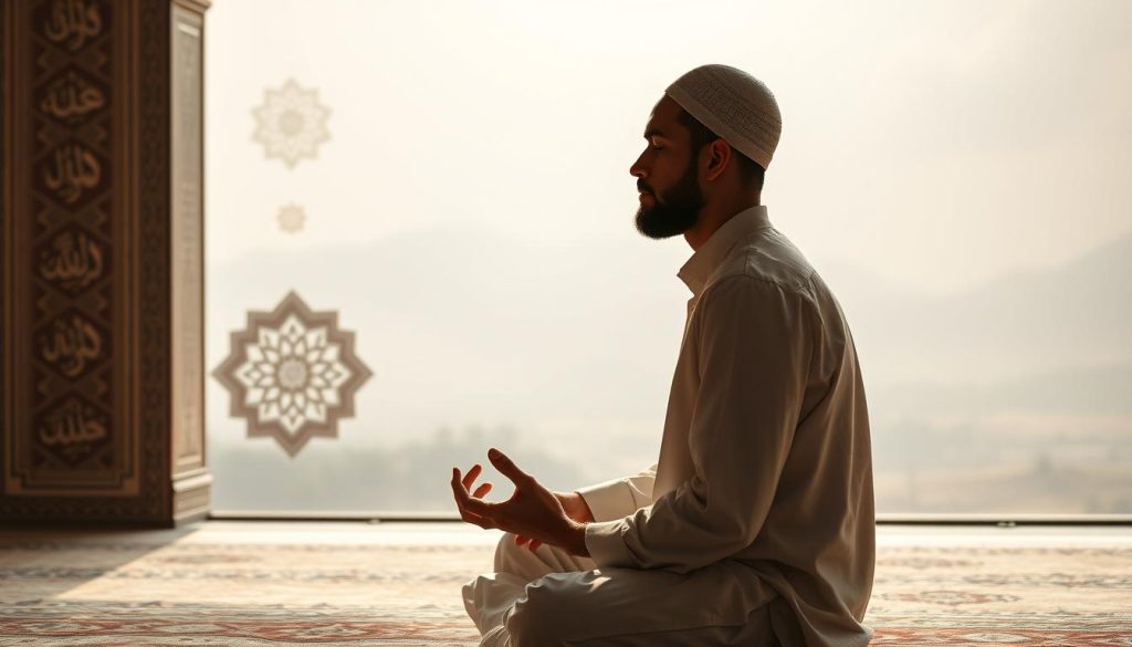 Al-Azeem: Unveiling Its Meaning and Rewards A serene and ethereal scene of a Muslim man in deep contemplation, performing the Al-Azeem dhikr spiritual practice. In the foreground, the man sits cross-legged, his eyes closed, fingers interlocked in a mudra. Soft, diffused lighting bathes him in a warm, reverent glow. In the middle ground, intricate Islamic calligraphic designs and geometric patterns adorn the walls, creating a sense of sacred, meditative space. The background is a hazy, dreamlike landscape, suggesting a transcendent, spiritual realm. The overall mood is one of profound stillness, focus, and connection with the divine. "Islamic Wall Arts"