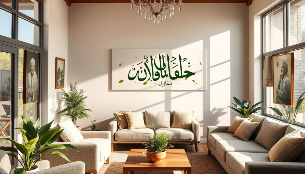 A serene, cozy living space adorned with Islamic Wall Arts, where the essence of Al-Muqeet, the Sustainer, is embodied. Sunlight filters through large windows, casting a warm glow on the minimalist furnishings and intricate calligraphic artworks that inspire contemplation. A focal point is a mesmerizing piece featuring the name "Al-Muqeet" rendered in elegant Arabic script, surrounded by lush greenery and tranquil nature imagery. The atmosphere is one of spiritual nourishment, inviting the viewer to dwell in the presence of the Sustainer and find practical ways to embody this divine attribute in their daily life.