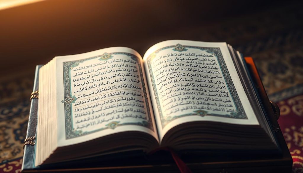 The Meaning of AL-JALEEL and Its Spiritual Benefits An open Quran displaying verses about AL-JALEEL with beautiful Arabic calligraphy
