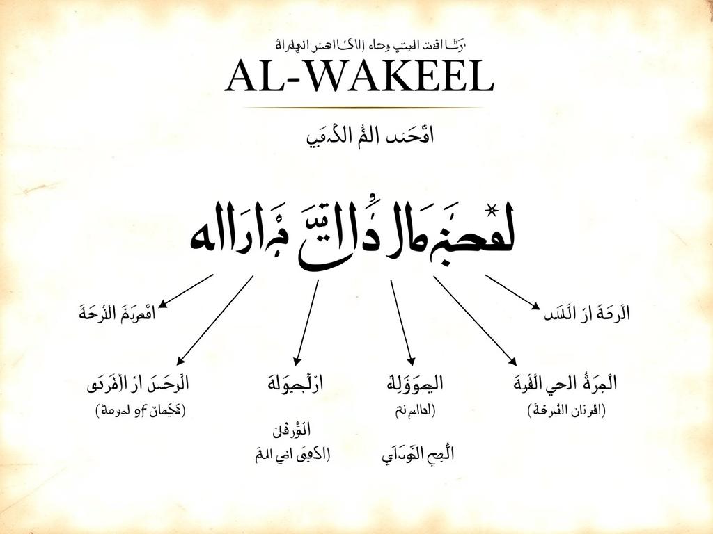 Arabic root letters of AL-WAKEEL with their linguistic derivations