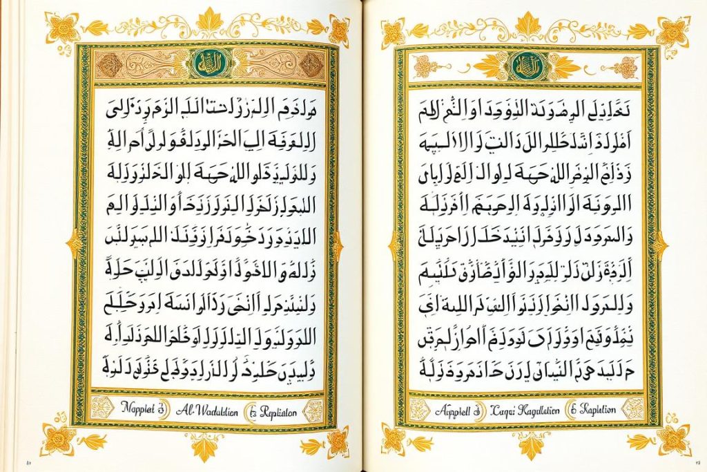 Illuminated Quranic verses mentioning AL-WADUD with Arabic text and translation