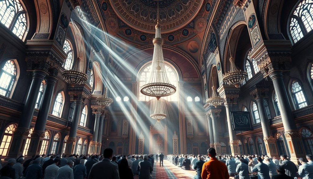 Majestic mosque interior with worshippers connecting to AL-MAJEED through prayer
