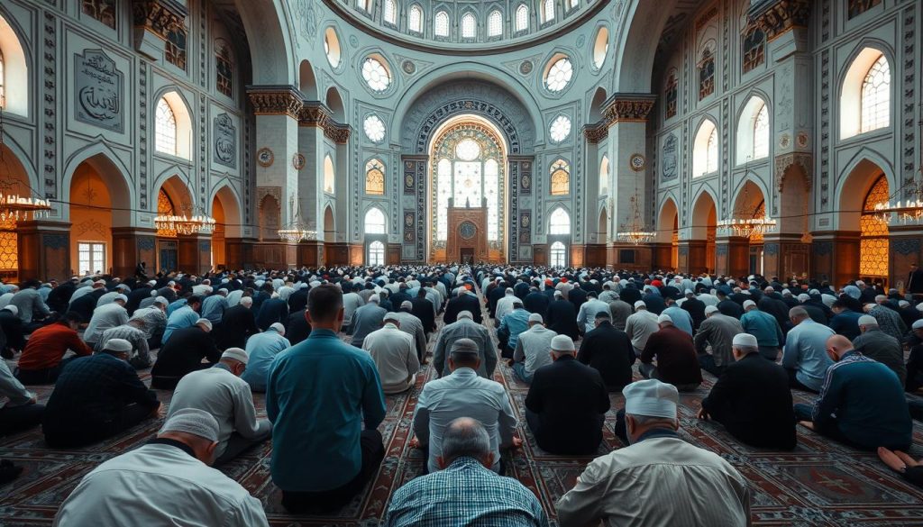 The Meaning of AL-JALEEL and Its Spiritual Benefits Muslims in prayer at a mosque, connecting with AL-JALEEL through worship