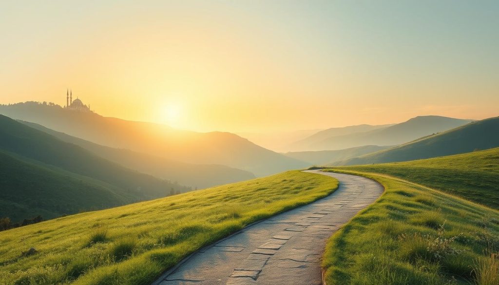 Peaceful landscape with path symbolizing the journey of trusting in AL-WAKEEL
