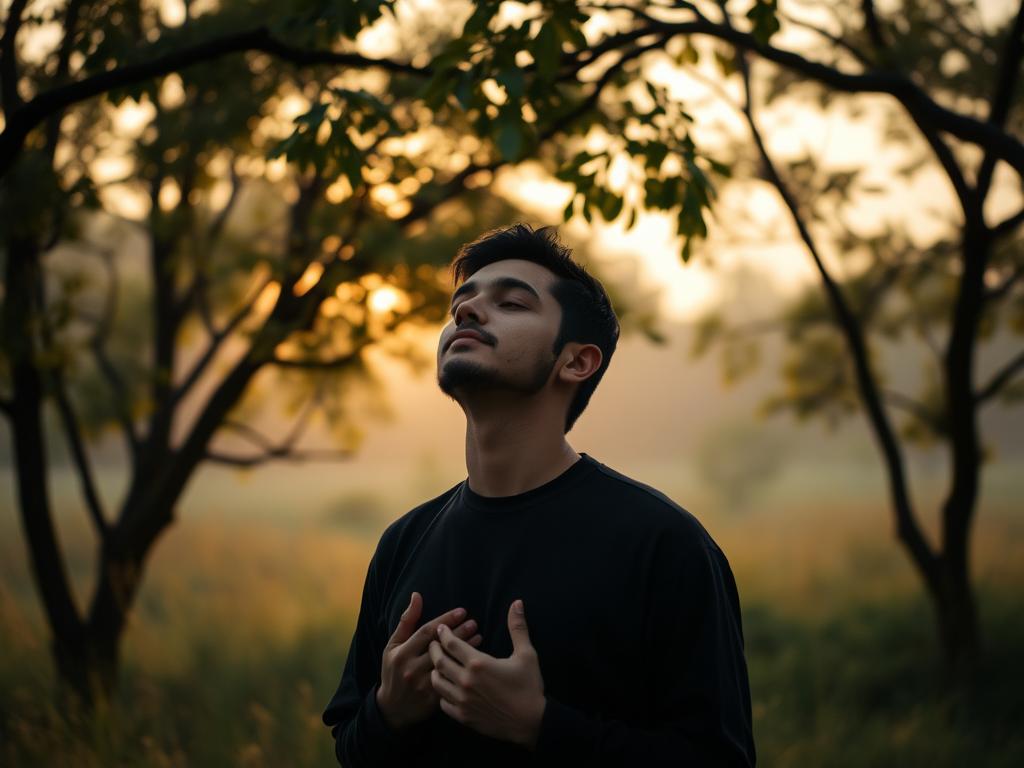 Person finding peace through prayer and connection with AL-MUJEEB