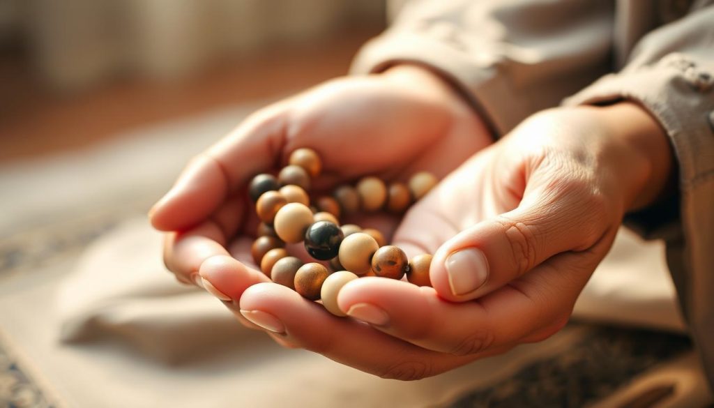 Person performing dhikr with prayer beads reflecting on AL-WADUD