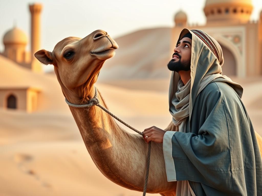 Person tying a camel while looking upward in trust, illustrating balance of effort and reliance