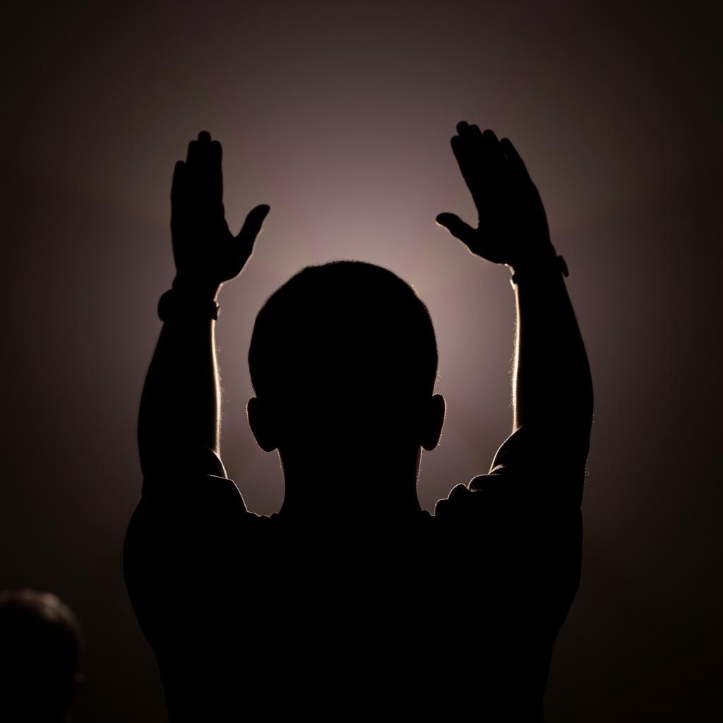 Person with hands raised in praise before supplication