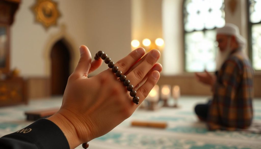 Person with prayer beads reciting Allah's names in structured practice