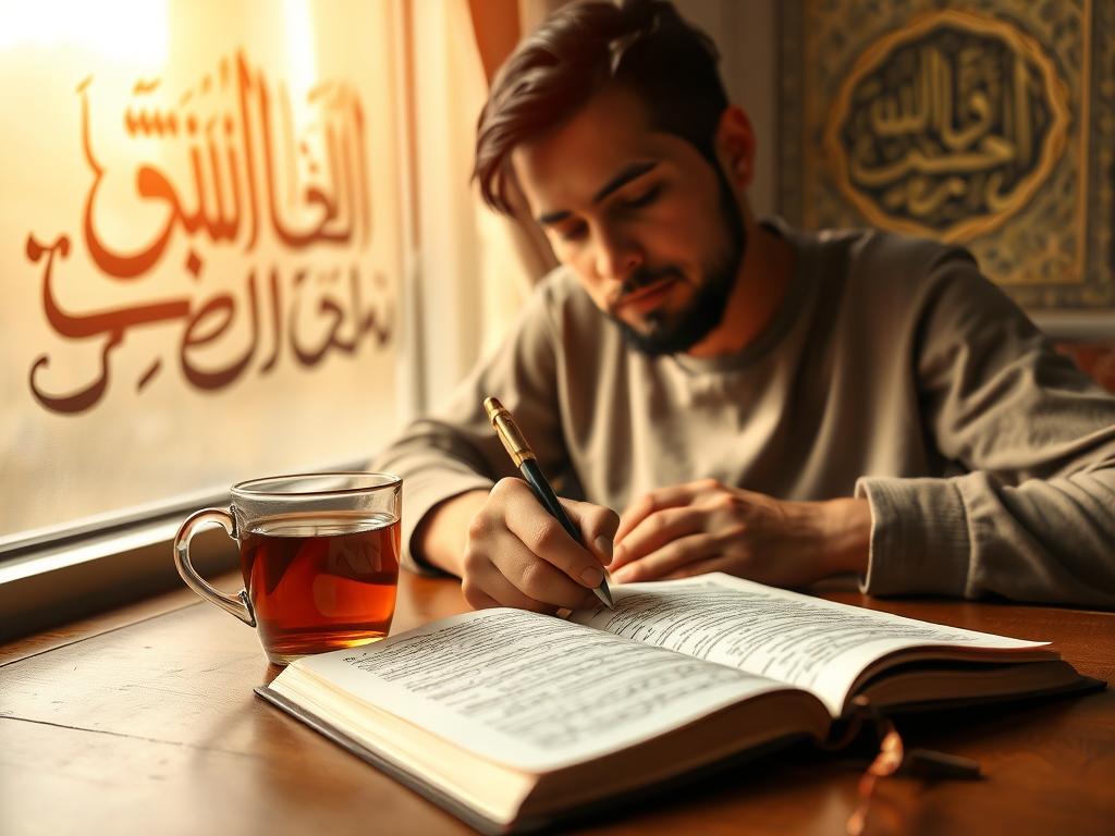 Person writing in a journal, representing self-accountability inspired by AL-HASEEB