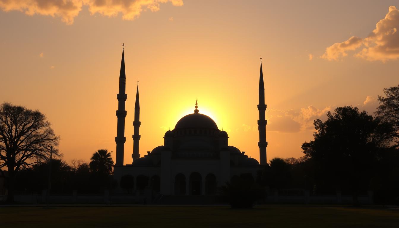 Stories of the Sahabah: a mosque silhouetted at sunset