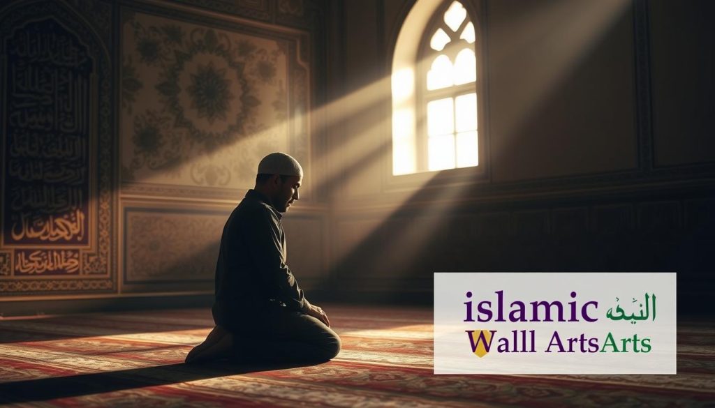 The Meaning and Perks of AL-MUSAWWIR Revealed A Muslim man kneeling in deep concentration, performing the ritual of daily prayers against the backdrop of a serene, dimly lit room. Ornate Islamic calligraphy adorns the walls, casting a warm, ethereal glow. Soft natural light filters through a window, accentuating the man's peaceful expression. The scene evokes a sense of tranquility and spiritual connection. "Islamic Wall Arts" logo discreetly displayed in the corner.