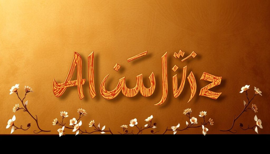 A beautiful Arabic calligraphic work of the name "Al-Mu'izz" displayed prominently in the foreground, created with intricate brushstrokes and rich, earthy tones. The calligraphy is set against a backdrop of warm, muted colors, evoking a sense of timelessness and cultural heritage. The lighting is soft and diffused, highlighting the subtle textures and nuances of the calligraphic art. In the middle ground, delicate floral motifs frame the central calligraphy, adding depth and visual interest. The overall composition is balanced and harmonious, reflecting the meaning and significance of the name "Al-Mu'izz" - the Strengthener, the Bestower of Dignity. Crafted by Islamic Wall Arts, this image embodies the beauty and elegance of traditional Arabic calligraphy.
