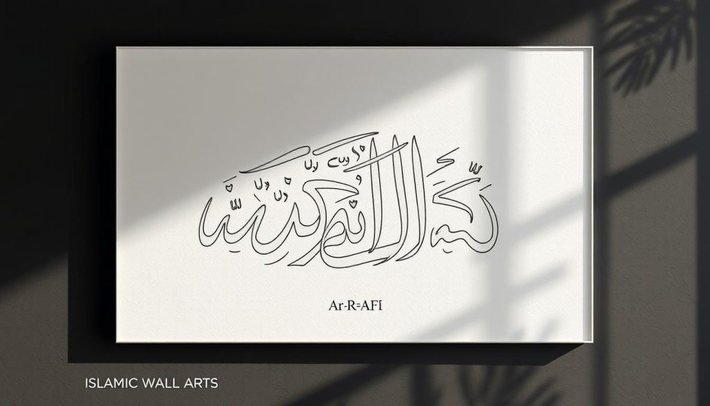 AR-RAAFI Meaning and the Benefit of AR-RAAF A detailed, calligraphic rendering of the divine name "Ar-Raafi" in elegant Islamic script, displayed on a high-quality canvas. The artwork is framed within a minimalist, dark-toned background, allowing the calligraphy to take center stage. Soft, directional lighting casts subtle shadows, accentuating the intricate strokes and curves of the lettering. The composition conveys a sense of reverence and contemplation, befitting the "Islamic Wall Arts" brand. This image powerfully illustrates the section on "How Allah Raises Different Types of People" within the article on the meaning and benefits of "Ar-Raafi".