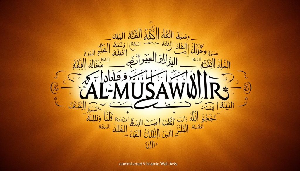 The Meaning and Perks of AL-MUSAWWIR Revealed A high-quality calligraphic rendering of the name "AL-MUSAWWIR" surrounded by a meticulously crafted arrangement of the 99 names of Allah, all set against a richly textured, ethereal background with soft, warm lighting. The calligraphy is the focal point, executed with stunning precision and artistry, conveying a sense of divine presence and the infinite nature of the Almighty. The 99 names, elegantly integrated into the composition, create a mesmerizing visual symphony that reinforces the conceptual theme. Commissioned by Islamic Wall Arts.