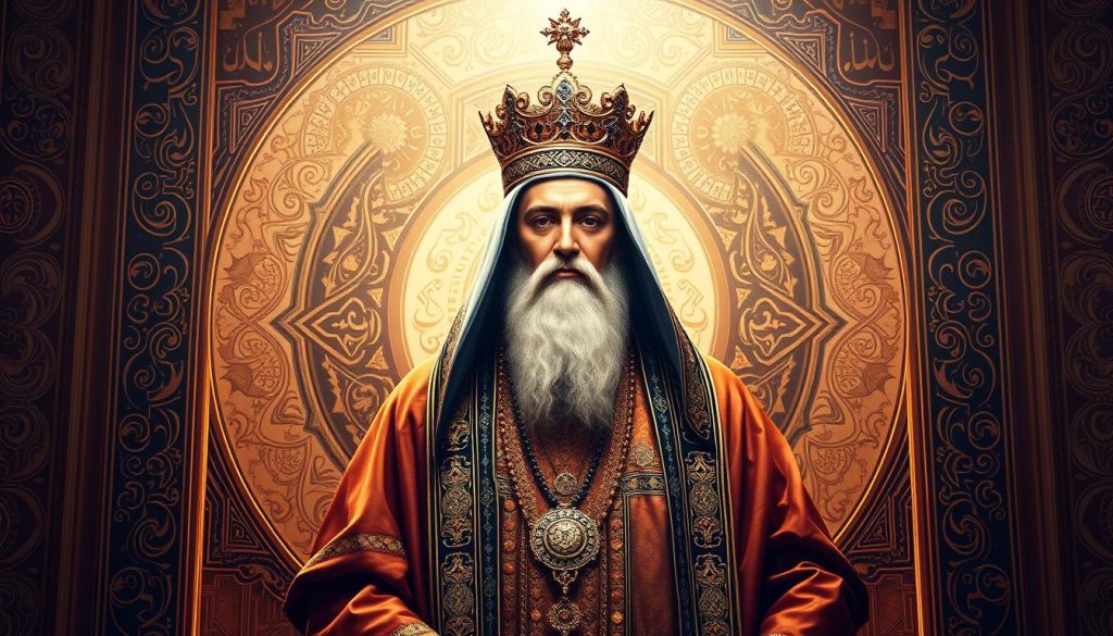 A regal and majestic figure of "The Bestower of Honor AL-MU'IZZ", portrayed in an Islamic wall art style. Adorned in ornate robes and a crown, the subject exudes a sense of divine authority and benevolence. Intricate patterns and Islamic calligraphy adorn the background, creating a harmonious and mystical atmosphere. Warm, diffused lighting illuminates the scene, casting a soft, reverent glow. The composition is balanced and centered, with the subject commanding the viewer's attention. Islamic Wall Arts
