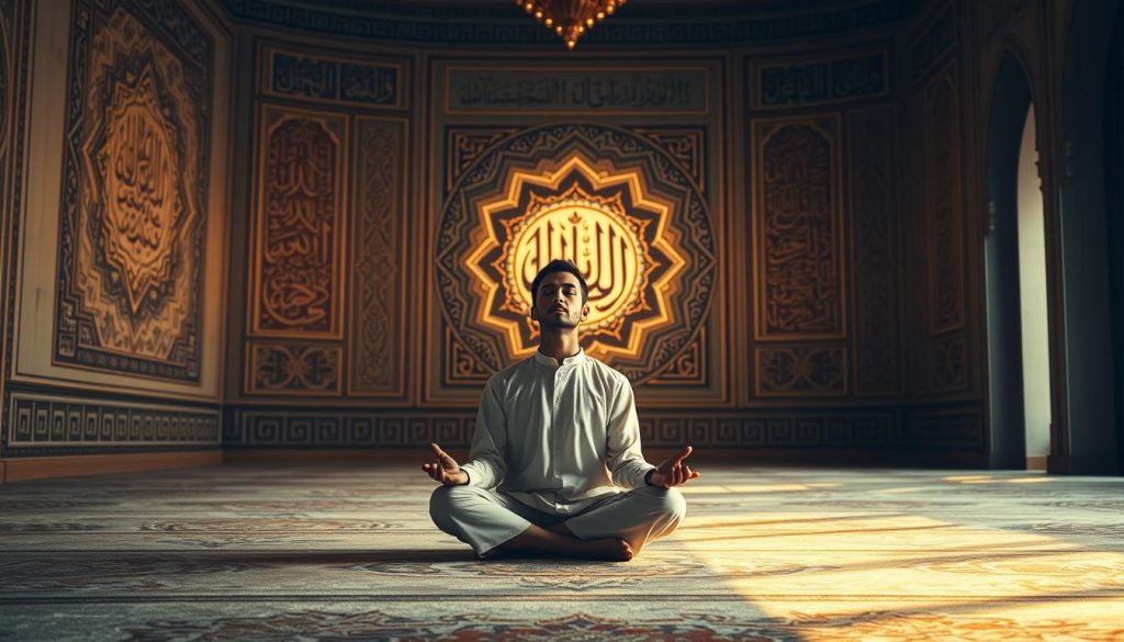 A serene and contemplative scene showcasing the spiritual benefits of the AL-MUZIL Quranic Foundation. In the foreground, a devout figure sits cross-legged, eyes closed in deep meditation, surrounded by a warm, golden glow. In the middle ground, intricate Islamic geometric patterns and calligraphy adorn the walls, radiating a sense of tranquility and enlightenment. The background depicts a tranquil, softly lit interior, with hints of traditional Middle Eastern architecture. The entire scene is imbued with a sense of inner peace and connection to the divine. Subtle, high-contrast lighting and a shallow depth of field create an atmosphere of reverence and contemplation. Crafted by Islamic Wall Arts.