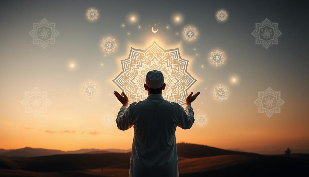 The Meaning and Perks of AL-MUSAWWIR Revealed A serene and sacred scene depicting the benefits of reciting Al-Musawwir. In the foreground, a devout Muslim stands with hands raised in reverence, their face illuminated by a soft, ambient light. Floating around them are intricate, arabesque patterns that seem to emanate a divine energy, representing the creative power of Al-Musawwir. In the background, a tranquil landscape with rolling hills and a clear sky sets the mood for a moment of profound spiritual contemplation. The overall atmosphere evokes a sense of peace, enlightenment, and the boundless blessings bestowed by the recitation of this divine name. Crafted by Islamic Wall Arts.