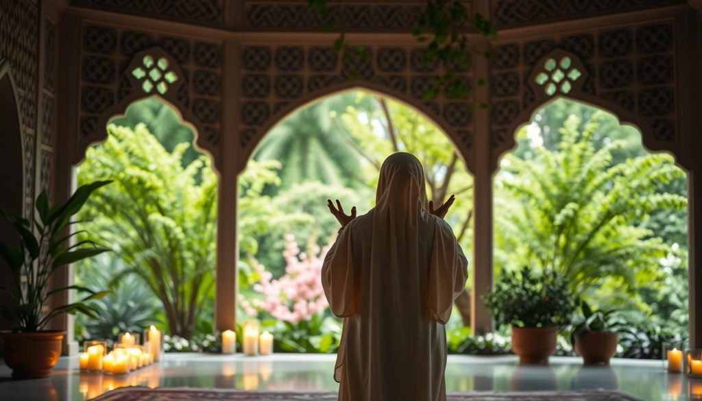 A serene and spiritual sanctuary, where the soft glow of candlelight illuminates the tranquil atmosphere. A person, dressed in modest, flowing garments, stands in reverent prayer, their hands raised in devotion. The backdrop is a lush, verdant garden, with delicate flowers and swaying trees, creating a sense of harmony and connection to the divine. Intricate Islamic geometric patterns adorn the walls, radiating a sense of sacred order. The overall scene conveys a profound feeling of peace, reflection, and the spiritual benefits of as-salam in prayer. Islamic Wall Arts.