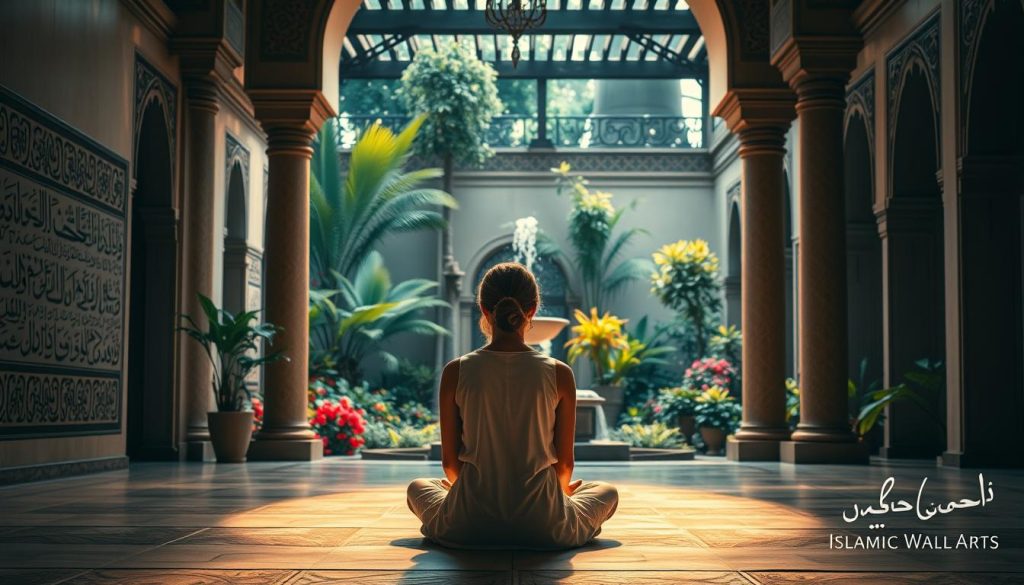 AL-BASEER: Unlocking Its Profound Meaning and Benefits A serene courtyard filled with Islamic architectural elements, bathed in warm, diffused lighting. In the foreground, a woman sits cross-legged, her gaze tranquil and contemplative, embodying the essence of "AL-BASEER" consciousness. Intricate Arabic calligraphy adorns the walls, complementing the peaceful ambiance. In the background, a lush garden with vibrant flora and a cascading fountain sets the stage for a harmonious, meditative atmosphere. The "Islamic Wall Arts" brand is subtly woven into the scene, adding an authentic touch. This image evokes the practical methods to live with AL-BASEER awareness, inviting the viewer to find solace and spiritual enlightenment.