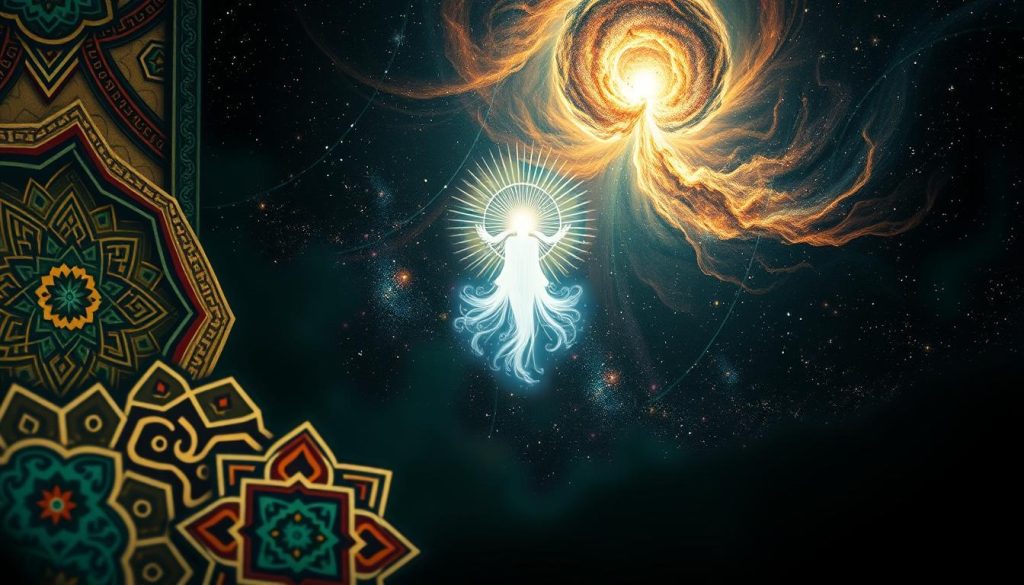 The Meaning and Perks of AL-MUSAWWIR Revealed A serene digital painting depicting the divine attribute of Al-Musawwir (The Creator) in Islamic art. In the foreground, vibrant geometric patterns and calligraphic flourishes unfold, embodying the intricate design and craftsmanship of Islamic artistic tradition. The middle ground features an ethereal, luminous figure radiating divine energy, symbolizing the creative power of the Almighty. In the background, a vast, cosmic landscape of swirling stars and nebulae conveys the boundless scope of Al-Musawwir's creative might. Dramatic chiaroscuro lighting casts dramatic shadows, evoking a sense of reverence and awe. Rendered in a style reminiscent of traditional Islamic Wall Arts.