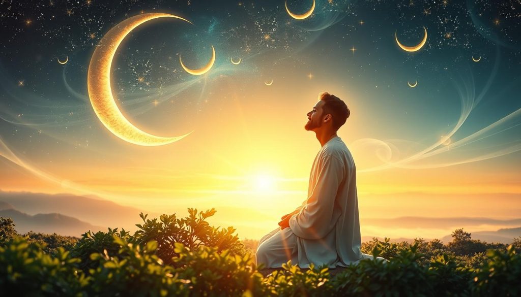 The Meaning and Perks of AL-MUSAWWIR Revealed A serene, ethereal landscape with a central figure of AL-MUSAWWIR, the Divine Artist, depicted in a tranquil, contemplative pose. The background features a breathtaking celestial scene, with twinkling stars, glowing crescent moons, and wisps of cosmic energy swirling in the distance. Soft, warm lighting illuminates the figure, casting a gentle glow and emphasizing the divine artistry and grace. The composition is balanced, with the central figure occupying the foreground, surrounded by a middle ground of lush, verdant foliage and a distant, dreamlike background. Islamic Wall Arts.