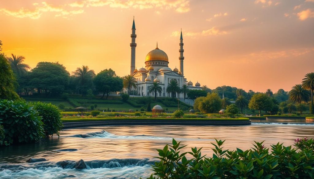 A serene, luminous landscape depicting the divine attributes of Islam. In the foreground, a tranquil garden with lush greenery and flowing water symbolizing the essence of peace. Towering in the middle ground, a majestic mosque with intricate architectural details, its golden dome reflecting the sun's radiance. In the background, a vast sky of warm hues, conveying a sense of spiritual enlightenment. The entire scene is imbued with a sense of timelessness and harmony, guiding the viewer towards the Quranic wisdom of "As-Salam". "Islamic Wall Arts"