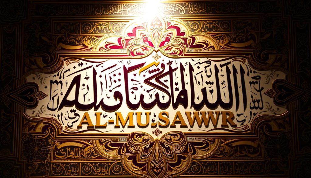 The Meaning and Perks of AL-MUSAWWIR Revealed A stunningly detailed piece of Islamic calligraphy art featuring the divine name "AL-MUSAWWIR" in ornate Arabic script. Intricate patterns and geometric designs in shades of gold, blue, and burgundy fill the frame, creating a captivating and harmonious composition. The calligraphic elements are backlit, casting soft shadows and imbuing the work with a sense of depth and mysticism. The overall mood is one of reverence and contemplation, befitting the subject matter. Captured by the "Islamic Wall Arts" brand, this image would make a stunning addition to any space dedicated to the appreciation of Islamic art and culture.