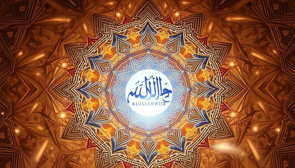 The Meaning and Perks of AL-MUSAWWIR Revealed An intricate, ethereal illustration of "AL-MUSAWWIR" in the style of Islamic Wall Arts. A glowing, radiant sphere of light hovers in the center, surrounded by intricate geometric patterns and celestial motifs. Soft, diffused lighting casts a warm, meditative atmosphere. Shimmering, translucent layers of color and texture evoke the spiritual essence of AL-MUSAWWIR, the divine Architect who gives form to all creation. Delicate calligraphic elements flow gracefully around the central motif, hinting at the profound meaning and blessings of this divine name. A dreamlike, transcendent vision that captures the beauty and essence of AL-MUSAWWIR.