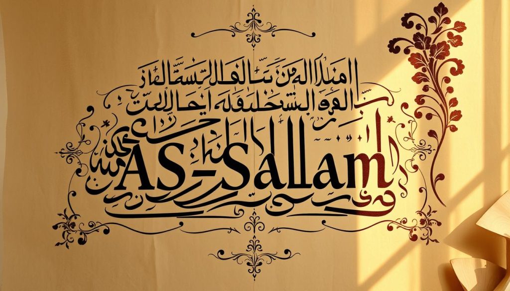 Detailed Islamic calligraphy depicting the meaning and benefits of "AS-SALAM" on a parchment-like background. Intricate swirling patterns and flourishes in traditional Arabic script, with soft, warm lighting casting shadows to accentuate the elegance. Layers of ornate geometric designs and floral motifs in a harmonious composition, evoking a sense of serenity and spirituality. "Islamic Wall Arts" embellished in the corner in a complementary style. The overall scene exudes a timeless, reverent atmosphere.