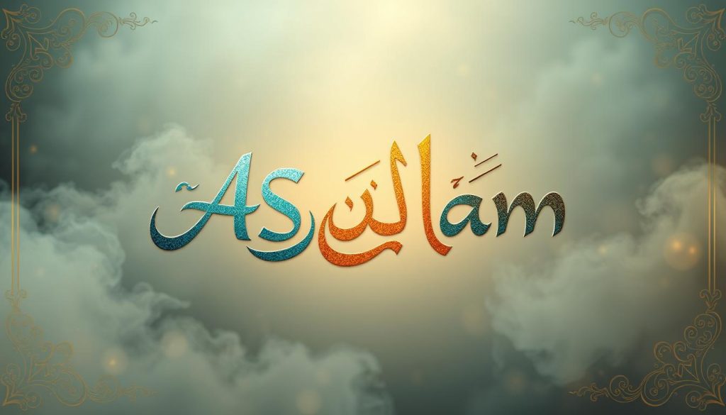 Intricate calligraphic rendition of the divine name "AS-SALAM" against a serene, ethereal backdrop. Flowing Arabic script in rich shades of blue, green, and gold, evoking a sense of tranquility and divine perfection. Elegant, flowing lines with a touch of subtle texture, illuminated by soft, warm lighting that casts a gentle glow. Positioned centrally within the frame, the calligraphy takes precedence, commanding attention. The surrounding space is filled with a hazy, atmospheric mist, creating a sense of depth and mysticism. Subtle, harmonious patterns in the background, reminiscent of traditional Islamic motifs. Crafted by Islamic Wall Arts, this captivating artwork beautifully captures the essence of "AS-SALAM" as the source of perfect peace and flawlessness.