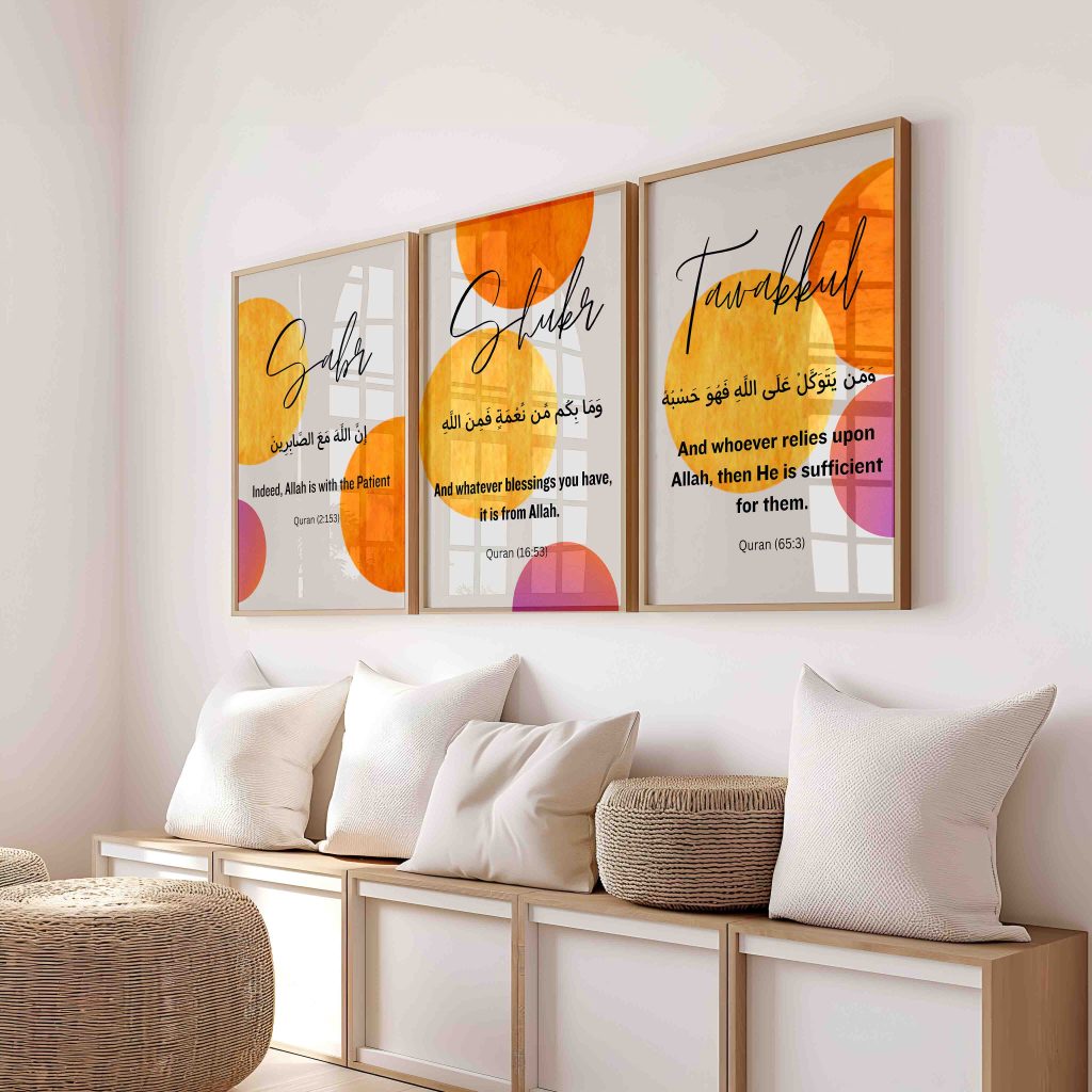 Sabr, Shukr and Tawakkul Arabic calligraphy prints with warm yellow, orange and pink circles, hung as a set of three above a light wooden bench with cushions